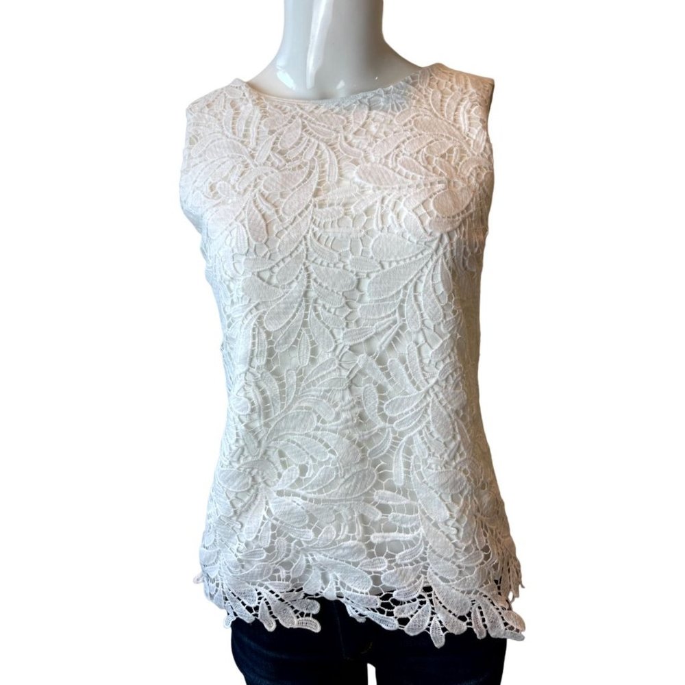 ART Womens Lace Blouse Top Back Keyhole Sleeveless Round Neck White Size S